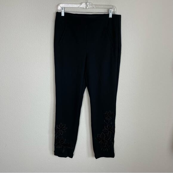 Chico's Black Ponte Knit Embroidered Pull On Pants 1 Tall - Picture 1 of 7